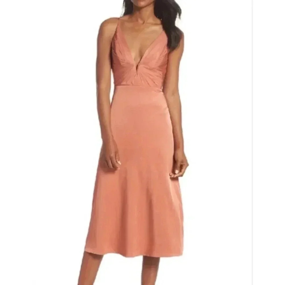 NWT Sau Lee Terracotta Plunge Neck Midi Dress - size 4